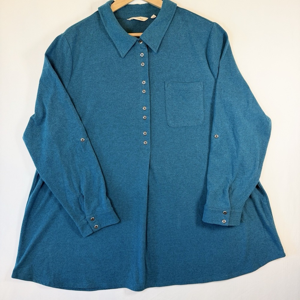 Soft Surroundings Womens 2X Teal Button Front Tunic Shirt Roll Tab Sleeve Plus